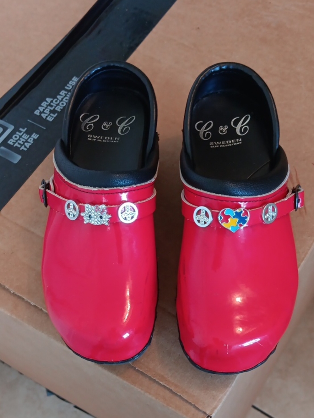 C&C Sweden Red Patent Slip-On Clogs with Charm Strap